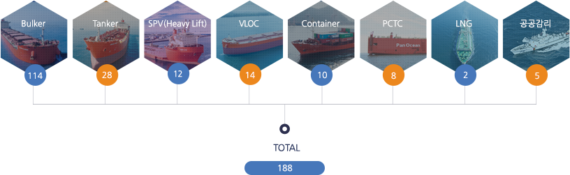 Bulker:102/Tanker:26/SPV(Heavy Lift):12/VLOC:8/Container:8/PCTC:8/LNG:2/Public Supervision:3/TOTAL:169 Bulker:102/Tanker:26/SPV(Heavy Lift):12/VLOC:8/Container:8/PCTC:8/LNG:2/Public Supervision:3/TOTAL:169